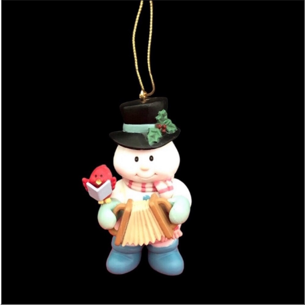 Vintage 1992 Snowman Playing Accordion with Red Bird Christmas Holiday Ornament